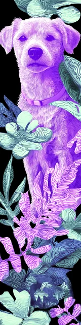 Free purple bookmark featuring a hidden dog in green plants